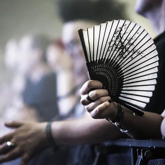 Damenhand mit Fächer im Konzert