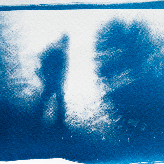 Cyanotype: impressionist photo with fir branch and model railroad figure