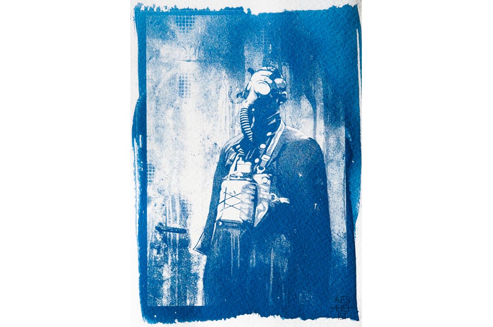 Cyanotype: graffiti of a man with gas mask