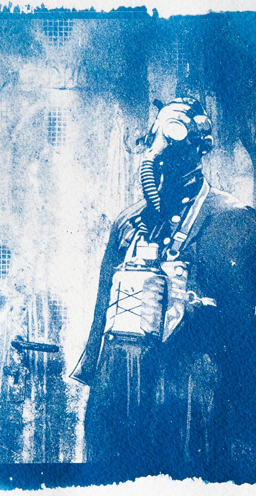 Cyanotype: graffiti of a man with gas mask